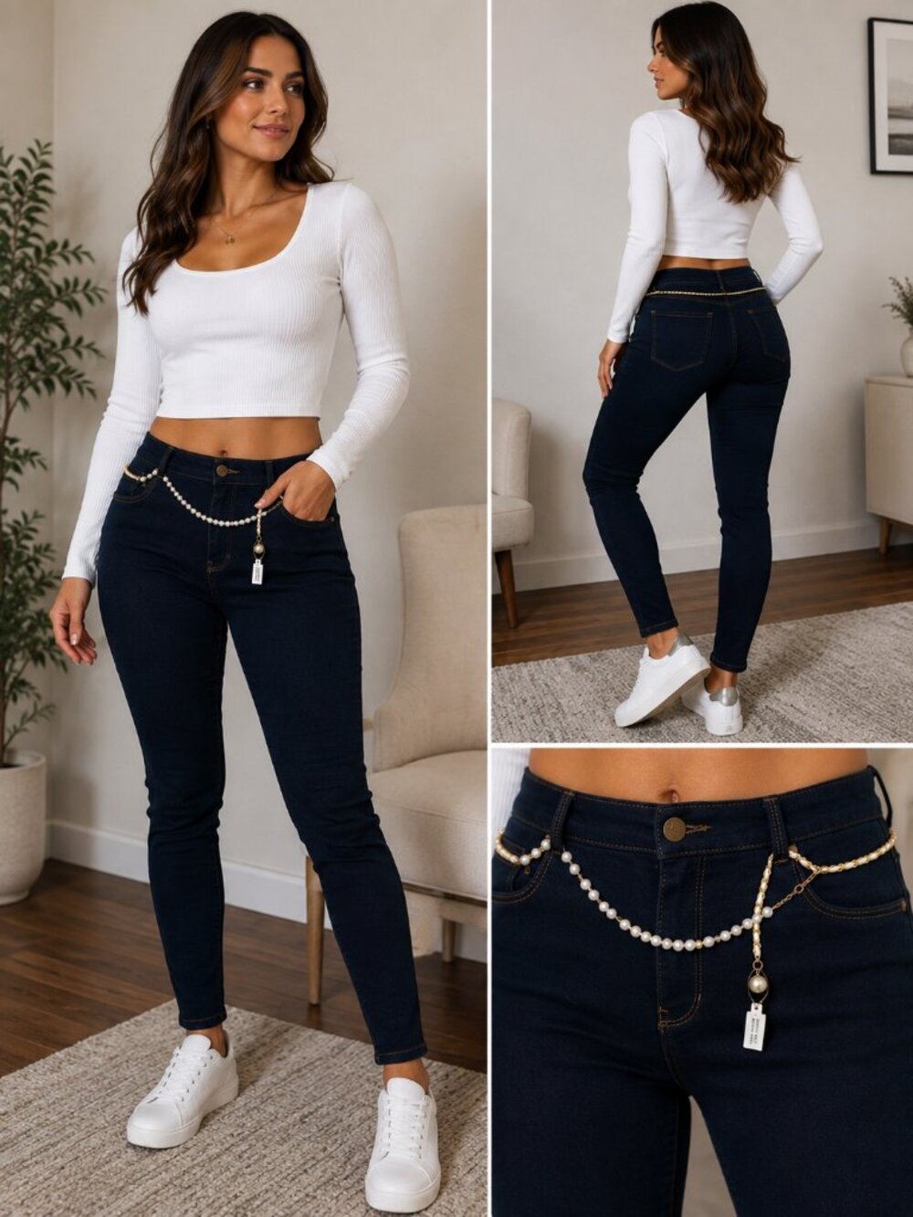 d.jeans Dark Wash Skinny Jeans with Pearl Chain Belt
